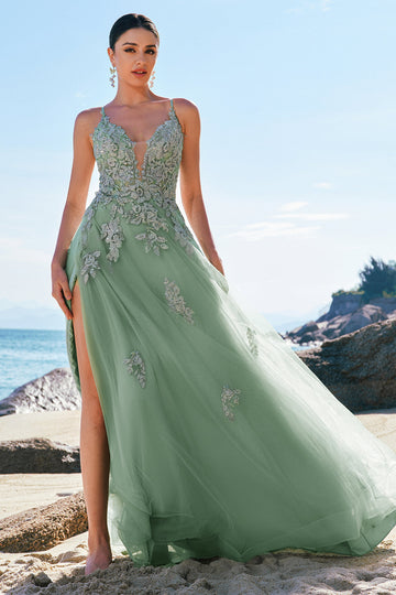 Zapaka Women Green A-Line Formal Dress with Criss Cross Back Spaghetti Straps Tulle Long Evening Dress